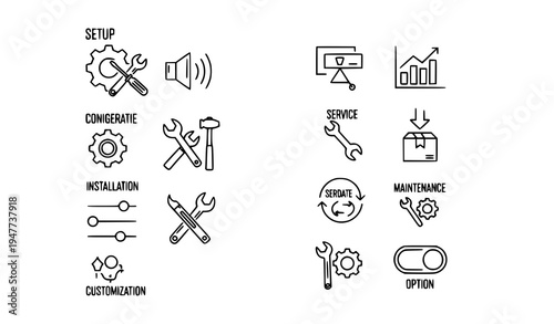 Circular thin line icon set for gear control panel settings vector
