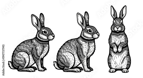 Vintage Engraving Style Illustration of Three Rabbits in Various Poses.