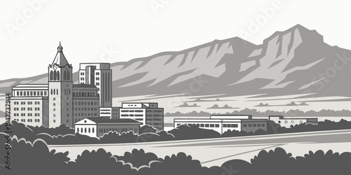 USA, US, U.S, United States - Albuquerque skyline with desert mountains monochrome architecture panorama