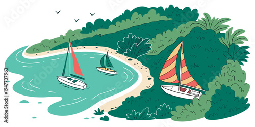 Sailboats on a winding bay with sandy shore Vector