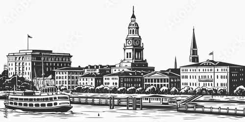 USA, US, U.S, United States - Charleston historic waterfront skyline monochrome architecture poster