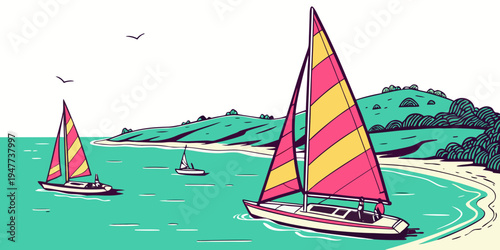 Two sailboats on a body of water near a sandy shore Vector