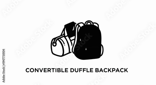 Simple graphic of a duffle bag and backpack, convertible design