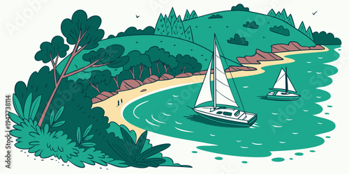 Sailboats on a green body of water near a sandy shore Vector