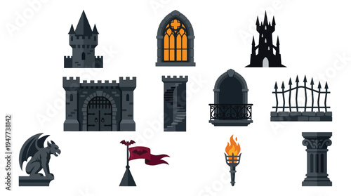 Collection of Gothic architectural elements and fantasy-themed decorative items, including castles, towers, windows, gargoyles, and torches.