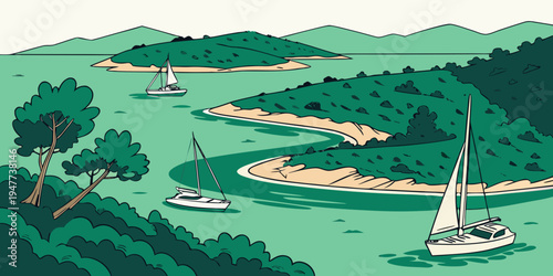 Sailboats on a green body of water near a sandy shore Vector