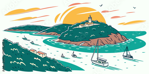 A small island with a lighthouse on a sunny day Vector