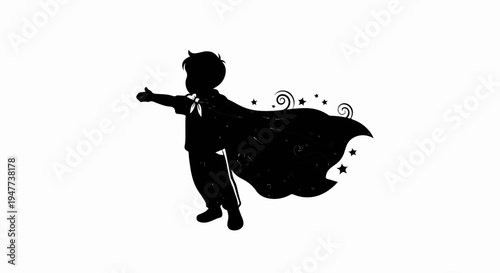 Silhouette of a child with arms outstretched wearing a superhero cape