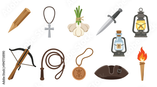 Collection of items associated with vampire hunting, including a wooden stake, cross, garlic, dagger, lantern, crossbow, whip, amulet, and torch.
