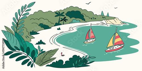 A serene bay with two sailboats and lush greenery Vector