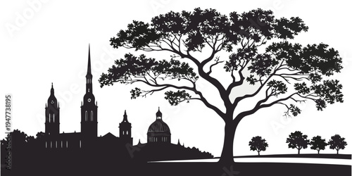 USA, US, U.S, United States - Savannah historic skyline with oak trees silhouettes minimalist black and white poster 