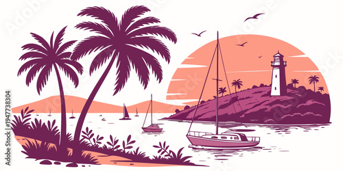A serene tropical island scene with palm trees and a lighthouse Vector