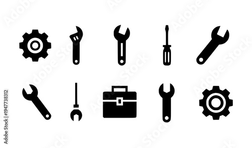 Solid glyph repair tools and settings icons minimalist vector collection