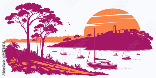 A serene harbor scene at sunset with boats and trees Vector