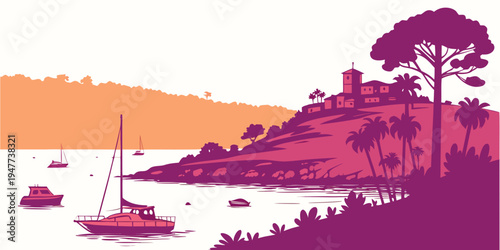 A pink and orange illustration of a sailboat near an island Vector