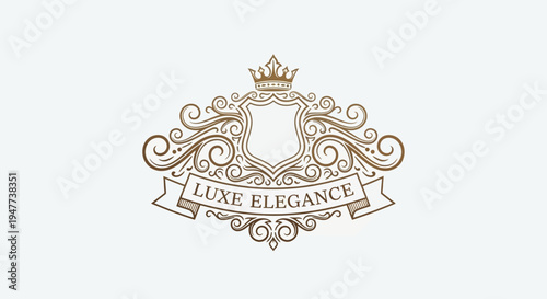 Elegant gold logo with crown and banner reads Luxe Elegance on white