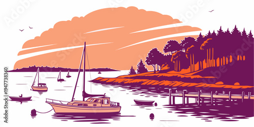 A serene lake scene with sailboats and trees Vector