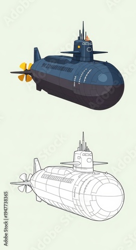 Submarine Illustration - Detailed and Outline Views for Technical Study.