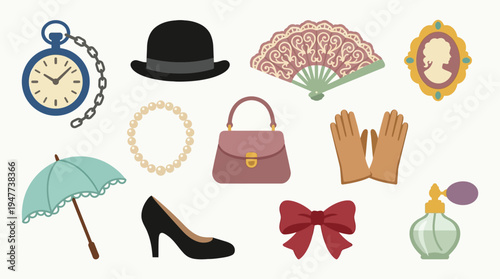 A collection of vintage fashion accessories including a pocket watch, hat, fan, cameo, pearls, handbag, gloves, umbrella, shoe, bow, and perfume bottle.