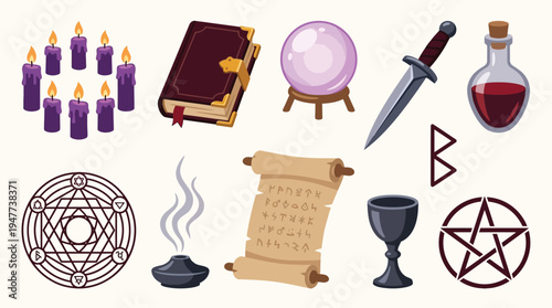 A collection of mystical and occult symbols and tools, including candles, a spellbook, a crystal ball, a dagger, potions, runes, and a pentagram.