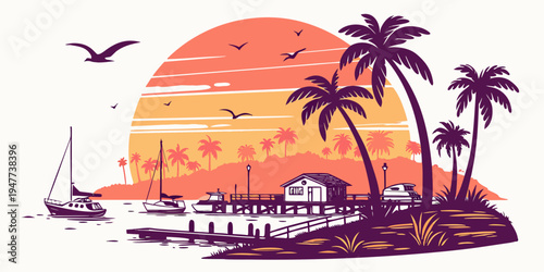 A tropical island with palm trees and a boat at sunset Vector
