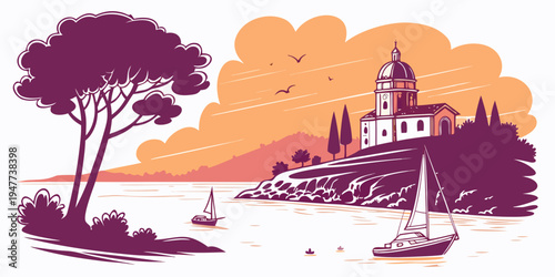 A serene coastal town with a church and boats Vector