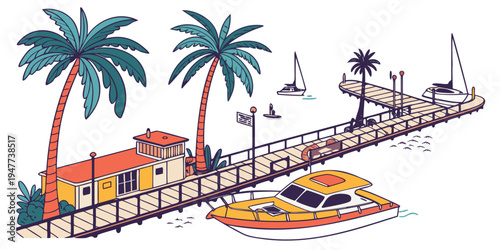 A yellow speedboat is docked at a pier with palm trees Vector
