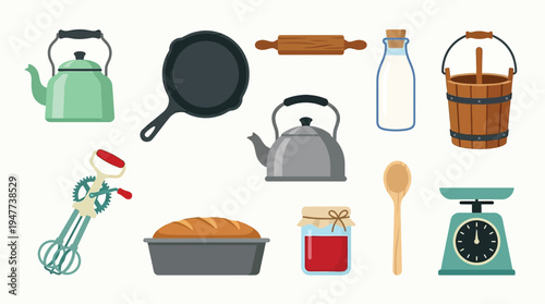 A collection of vintage kitchenware and baking tools, including kettles, a cast iron pan, a rolling pin, milk bottle, butter churn, mixer, bread pan, jam jar, spoon, and scale.