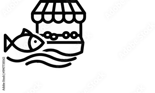 Simple icon of a fish swimming near a market stall over waves