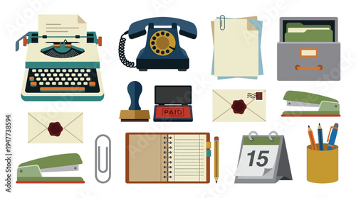 A collection of vintage office supplies, including a typewriter, rotary phone, staplers, envelopes, and a calendar, arranged on a white background.