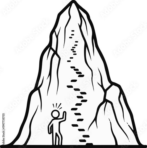 Stick figure begins climbing a steep mountain path with many steps