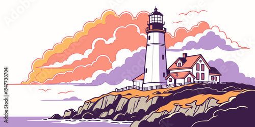 A lighthouse on a rocky cliff overlooking the ocean Vector