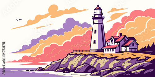 A lighthouse on a rocky cliff by the sea Vector