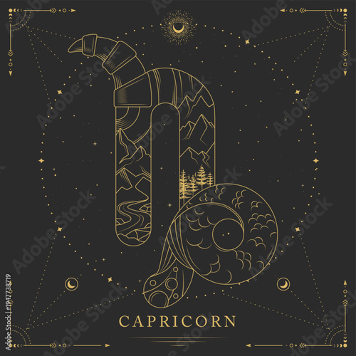 Modern magic witchcraft card with astrology Capricorn zodiac sign on space background. Line art vector illustration