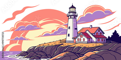 A pixel art lighthouse on a rocky coastline at sunset Vector