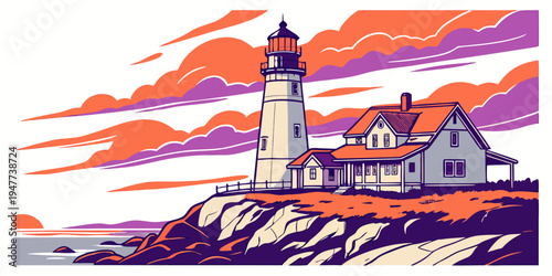 A lighthouse on a rocky coastline at sunset Vector