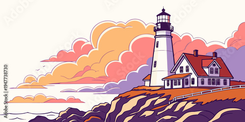 A lighthouse on a rocky cliff with a house next to it Vector