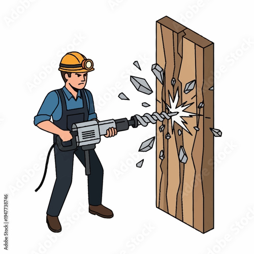 Man using jackhammer on wooden plank.