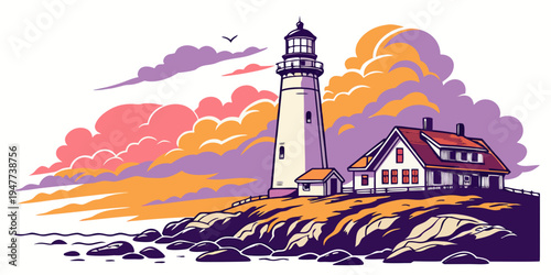 A lighthouse on a rocky coastline at sunset Vector