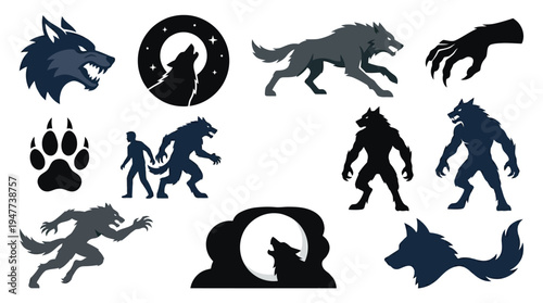 Collection of werewolf and wolf-related graphic elements, including howling wolves, paw prints, and transformation scenes.