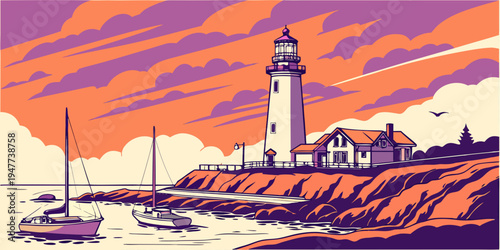 A lighthouse on a rocky cliff overlooking the sea Vector