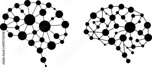 Two stylized black brain silhouettes made of interconnected dots and lines, resembling a neural network or complex thought process, on transparent background