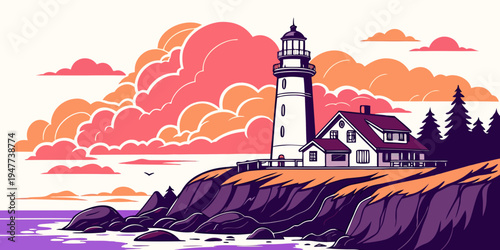 A lighthouse on a rocky cliff overlooking the ocean Vector