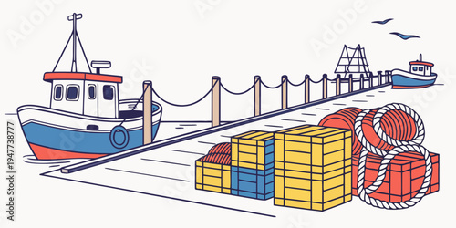 Fishing boat and cargo containers on dock Vector