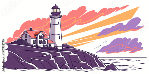 A lighthouse on a rocky coastline at sunset Vector