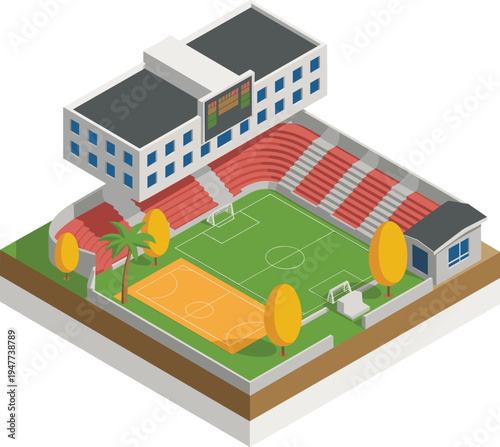 Isometric sports stadium vector illustration, soccer field and basketball court with grandstand arena for athletic facility design