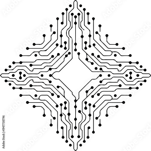Symmetrical circuit board diamond shape vector illustration for technology branding and futuristic electronics design with black lines and round nodes