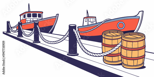 Boats are moored at a dock with barrels Vector