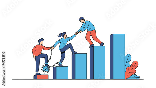 Group of people help each other climb a bar graph while one person is held back by a heavy chain attached to a virus ball symbol.