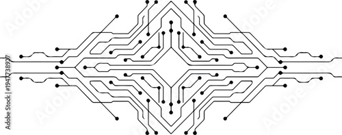 Geometric abstract digital circuit board design with black lines and nodes, symmetrical technological background